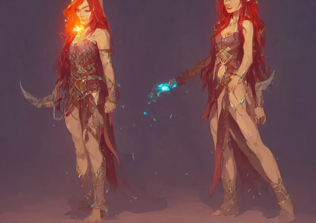 Prompt: half orc half elf woman, ginger extra long hair, holding a glowing diamond, tropical mage dress with high slit, several layers of fabric, character concept art, by ilya kuvshinov, krenz cushart, Greg Rutkowski, trending on pixiv