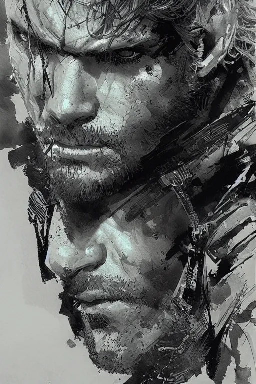 Image similar to portrait of snake from mgs, pen and ink, intricate line drawings, by craig mullins, ruan jia, kentaro miura, greg rutkowski