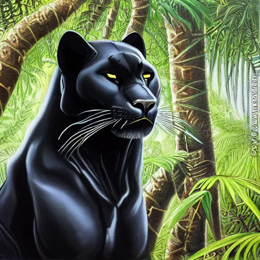Image similar to oil on canvas of one beautiful majestic black panther. beautiful. mysterious. intricately detailed. meticulously rendered. background is a jungle. hd. trending on art station. h 7 6 8