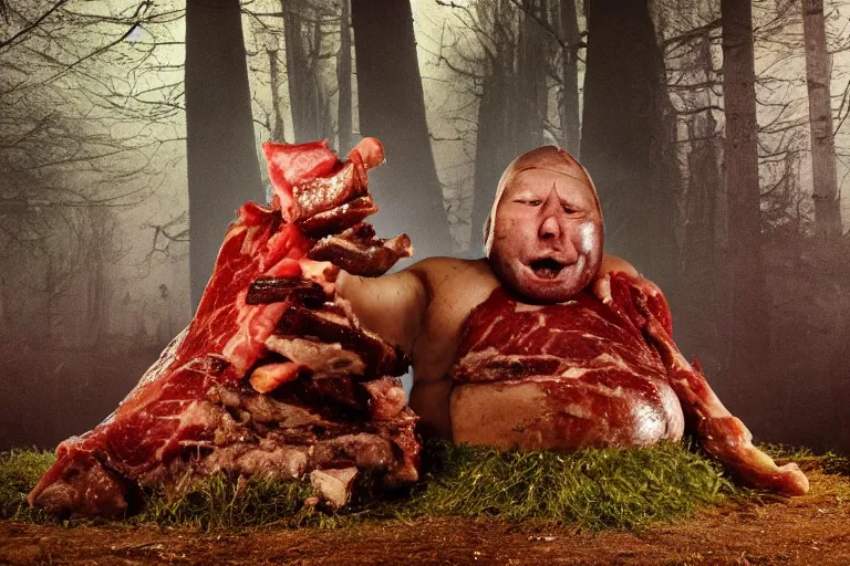 Image similar to big fat butcher with a scary face chops a piece of meat on the stump in a dark forest, night scene, old photo, scary, creepy, terrible atmosphere