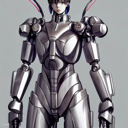 Image similar to prompt : photorealistic cinematic 3 d render of persona soft light painted by takato yamamoto, chrome mecha attributes and armor, inspired by ghost in shell anime, smooth face feature, intricate oil painting, high detail, sharp high detail, manga and anime 1 9 8 0