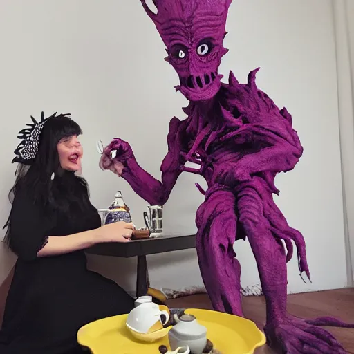 Image similar to my sleep paralysis demon having tea with the monster that lives under my bed, candid photograph