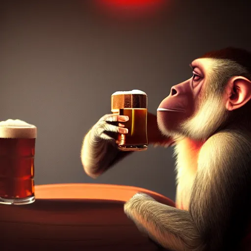 Image similar to Monkey drinking beer playing poker, Hyper Realism, realistic, cinematic lighting, ambient lights,