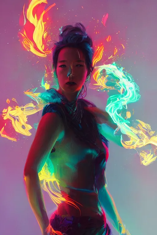 Image similar to A fancy portrait of an attractive women wearing colourful flames by Greg Rutkowski, beeple, Sung Choi, Mitchell Mohrhauser, Maciej Kuciara, Johnson Ting, Maxim Verehin, Peter Konig, final fantasy, macro lens , 8k photorealistic, cinematic lighting, HD, high details, dramatic, dark atmosphere, trending on artstation