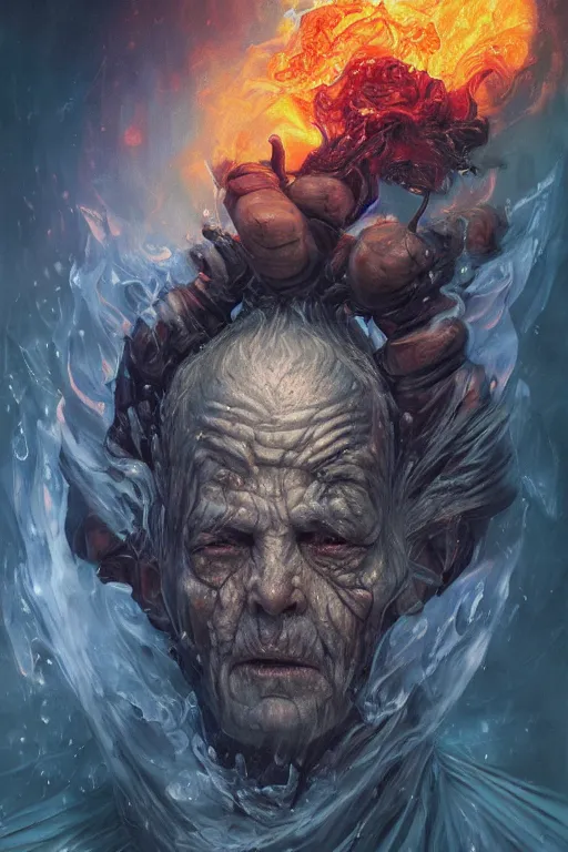 Prompt: the look of an elderly person, necromancer, witch - doctor covered with ice exploding into fire, full of wrinkles and imperfections, electricity highly detailed, high contrast, light reflection, trippy, nebula, trending on artstation by artgem, by peter mohrbacher, by wlop, by ruan jia