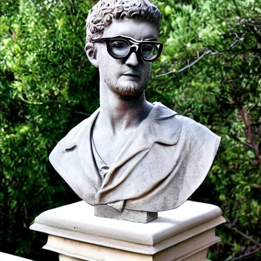 Prompt: statue of david bust with pink circle glasses