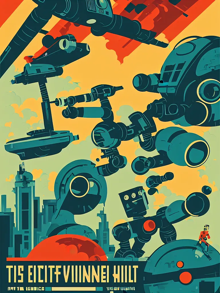 Image similar to tom whalen poster illustration of a large retro science fiction robot battle above city neighbourhood, vintage muted colors, some grungy markings