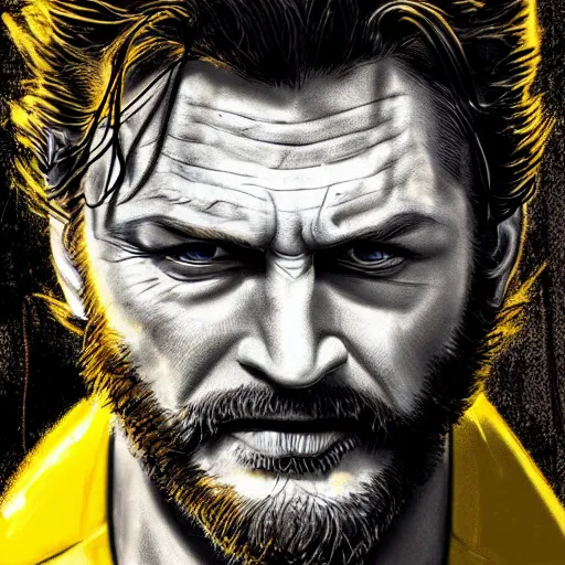 Image similar to Tom Hardy as wolverine in his yellow suit Digital art 4K quality Photorealism