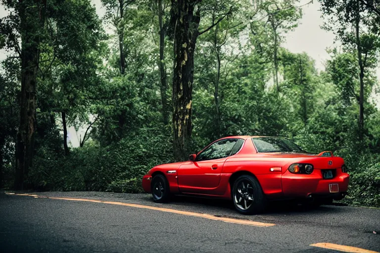 Prompt: A Mazda RX-7 parked in a road with trees, rainy spring season, Epic photography, taken with a Canon DSLR camera, 50 mm, insane depth of field