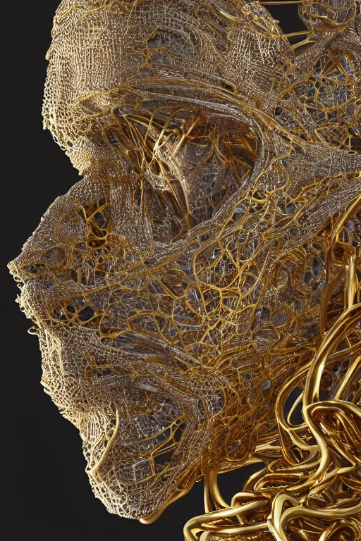 Image similar to Cinestill of A heartbreaking realistic 8k Bernini Sculpture of a complex robotic human face, liquid simulation background, dramatic lighting, silver gold red details, hexagonal mesh wire, filigree intricate details, cinematic, fleshy musculature, elegant, octane render, 8k post-processing, by Yoshitaka Amano, Daytoner, Greg Tocchini