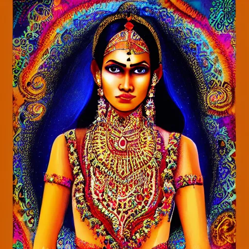 Image similar to indian hindu woman in an intricate beautiful dress, ornate, psychedelic, trending on artstation