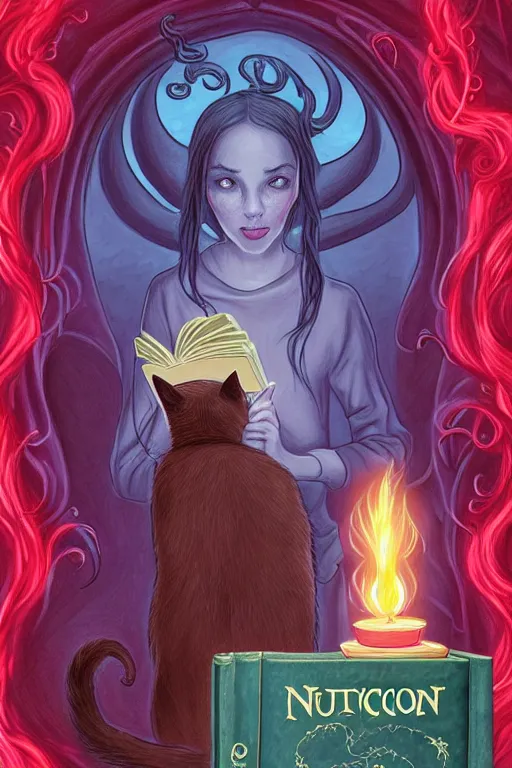 Image similar to romantic illustration of bright girl, her cat and her book of necronomicon, symmetrical, cinematic, sharp focus, 4 k, ultra hd, sense of awe, sinister demonic atmosphere, dreadful, forbidden knowledge, old gods, cthulhu, yog - sothoth! yah, yah, yah! cultist journal cover