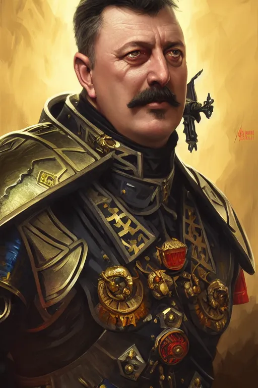 Image similar to igor ivanovich strelkov as warhammer 4 0 k emperor, realistic portrait, symmetrical, highly detailed, digital painting, artstation, concept art, smooth, sharp focus, illustration, cinematic lighting, art by artgerm and greg rutkowski and alphonse mucha