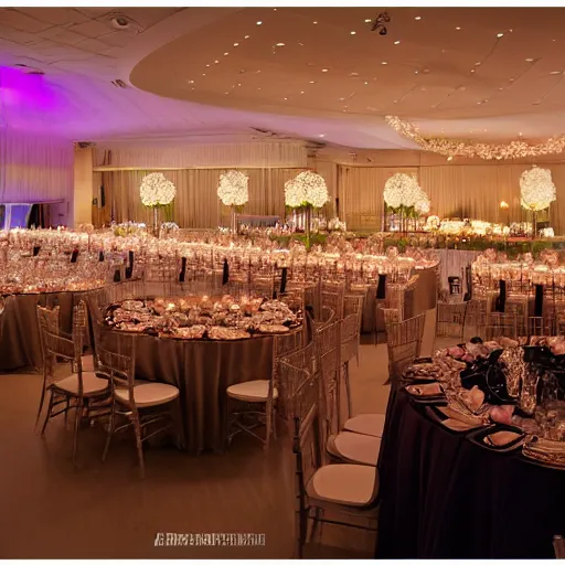 Prompt: large convention centre room decorated for a wedding reception, ceiling swagging, fairy lights, symmetrical lighting design, interior design by Wes Andersson