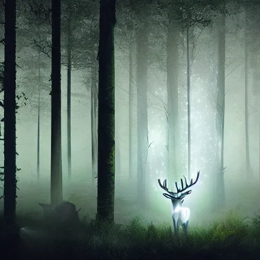 Image similar to white glowing deer standing in the middle of a forest at night, a hologram by wolfgang zelmer, featured on deviantart, magic realism, made of mist, bioluminescence, storybook illustration