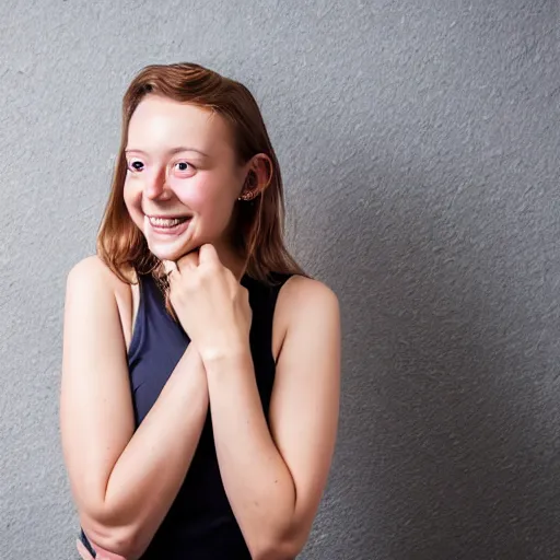 Image similar to woman from scandinavia, 2 0 years old, smiling and looking directly at the camera, dslr, portrait photo, white background, leibowitz