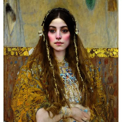 Image similar to Richard Schmid and Jeremy Lipking and Gustav Klimt portrait painting of a young beautiful woman priestess victorian orientalist in elaborate costume