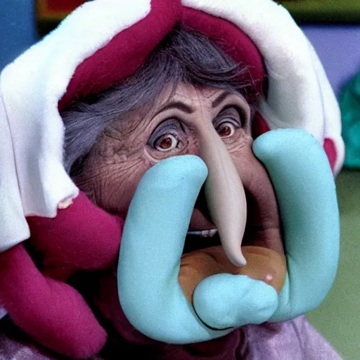 Image similar to Still from a live-action children's tv show about an old lady dressed as a nose with enormous feet, technicolor 1973