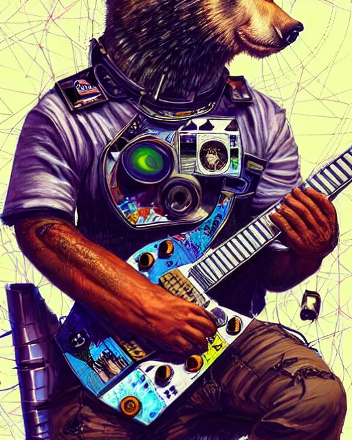 Prompt: a portrait of an anthropomorphic cyberpunk bear shredding an electric guitar by sandra chevrier, by jon foster, detailed render, tape deck, epic composition, cybernetics, 4 k realistic, cryengine, realistic shaded lighting, sharp focus, masterpiece, by enki bilal