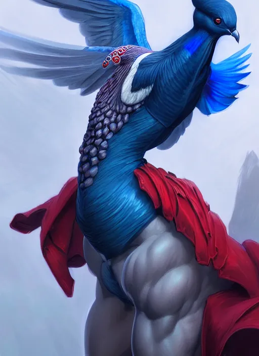 Image similar to portrait of aggressive pigeon humanoid, d & d, muscular! blue and red, fantasy, intricate, elegant, highly detailed, digital painting, artstation, concept art, smooth, sharp focus, illustration, art by artgerm and greg rutkowski and alphonse mucha