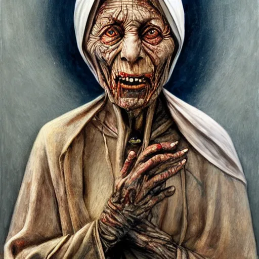 Image similar to a hyperrealistic painting of mother theresa as a zombie, holding a crucifix, by santiago caruso, highly detailed, sharp focus,