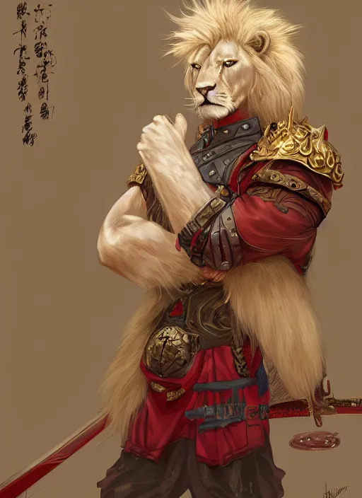 Prompt: aesthetic portrait commission of a of a male fully furry muscular anthro albino lion wearing wet heavy red and gold royal samurai full armor in a flooded vintage japanese town. character design by charlie bowater, ross tran, artgerm, and makoto shinkai, detailed, inked, western comic book art, award winning film poster painting