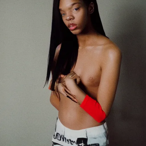 Image similar to realistic! photoshoot for a new vetements lookbook, color film photography, portrait of a beautiful woman, location in a apartment, in style of tyler mitchell, 35mm