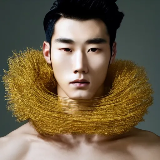 Prompt: a beautiful young male korean model wearing a hairsculpture made of hair and gold string, photoshot by erwin olaf