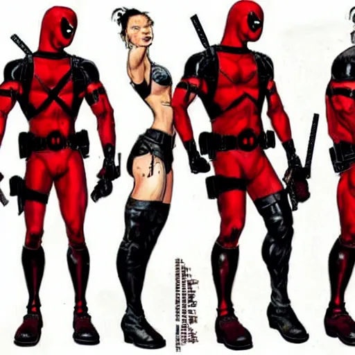 Image similar to Lucy Liu as Deadpool full body concept art, by Simon Bisley