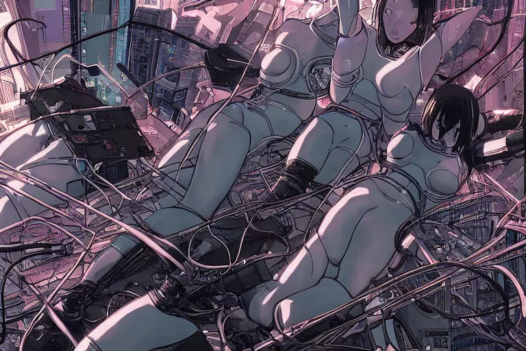 Image similar to a cyberpunk illustration of a group of three female androids in style of masamune shirow, lying on an empty, white floor with their bodies broken scattered rotated in different poses and cables and wires coming out, by yukito kishiro and katsuhiro otomo, hyper-detailed, intricate, view from above