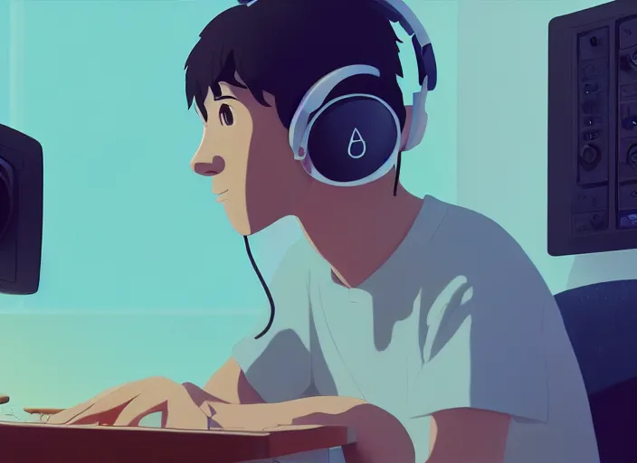 Image similar to man with headphones at his home studio producing music late at night, very detailed, 4 k, cory loftis, james gilleard, atey ghailan, makoto shinkai, goro fujita, studio ghibli, rim light, exquisite lighting, clear focus, very coherent