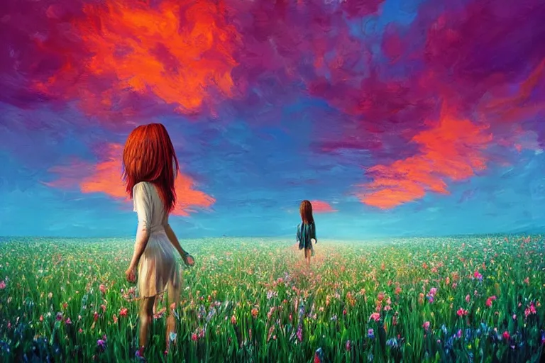 Image similar to giant gladiola head, girl walking in field of flowers, surreal photography, sunrise, blue sky, dramatic light, impressionist painting, digital painting, artstation, simon stalenhag