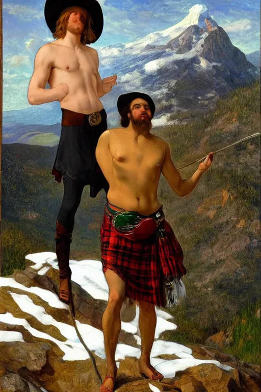 Prompt: a homoerotic tarot card by louis comfort tiffany and albert bierstadt and bill ward of a shirtless dalit mountaineer on a mountain peak | he is wearing a cowboy hat and a revealing tartan kilt | background is snowy mountains and clouds | detailed face, ethereal, dreamlike, art deco | trending on artstation