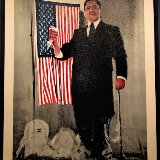 Image similar to Ron Desantis in front of a Betsy Ross flag, dark, creepy, ominous, modern propaganda artwork