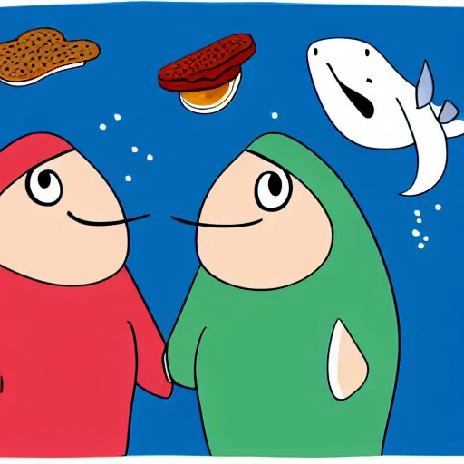 Prompt: two whales talking about food. clipart with callouts