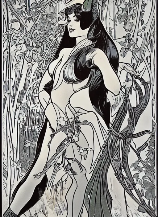 Prompt: a beautiful young woman. she is a woodland elf. well composed, clean elegant painting, beautiful detailed face. retro comic book art by steve ditko and jack kirby and ( alphonse mucha )