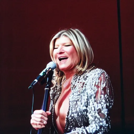 Prompt: detailed concert photograph of Martha Stewart singing in a speed metal band