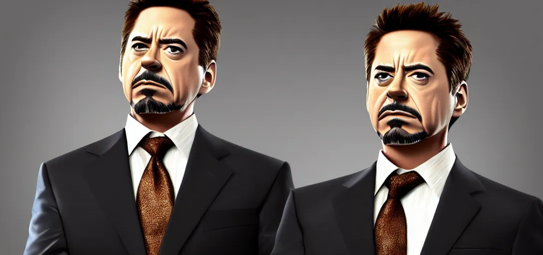 Image similar to a very high resolution image of tony stark. from an episode of the office with micheal scott. photorealistic, photography