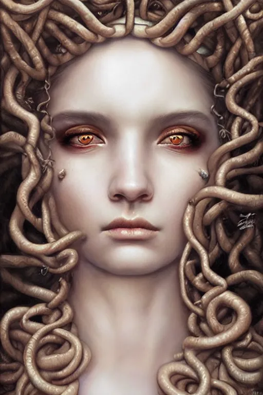 Prompt: a close - up portrait of a hauntingly beautiful medusa, painted by artgerm and tom bagshaw, highly detailed digital art