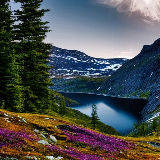 Image similar to walking down a deep norwegian mountain gorge, mountain corridor, norwegian yellow and purple wild flowers, norwegian tall spruce tree forest, mountain lake in distance, beautiful, serene, cinematic, cinematography, landscape photography, realistic, samyang 1 2 mm lens, first person view, 8 k, unreal engine, depth of field,