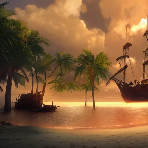 Prompt: a beautiful pirate ship by Renato muccillo and Andreas Rocha, trending on artstation, tropical lagoon, bright sky, bright lighting , rendered in unreal engine