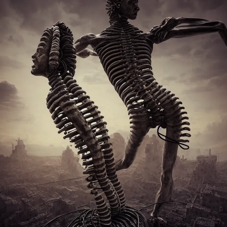 Image similar to surreal greek spine spinal statue covered with wires, surreal abandoned buildings, dream-like heavy atmosphere, baroque painting, beautiful detailed intricate insanely detailed octane render trending on Artstation, 8K artistic photography, photorealistic, dramatic volumetric cinematic light, chiaroscuro, Raphael, Caravaggio, Beksinski, Giger