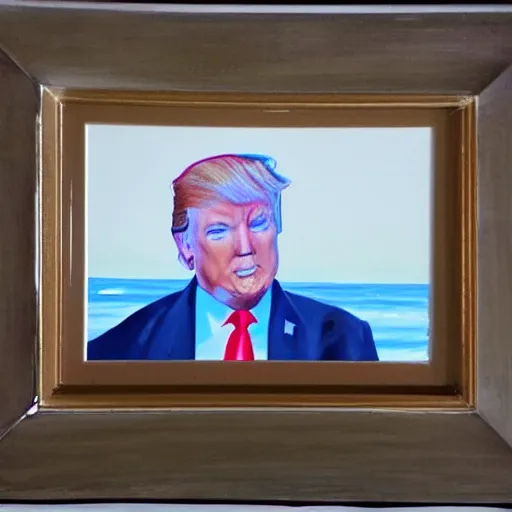 Prompt: painting of donald trump on the beach