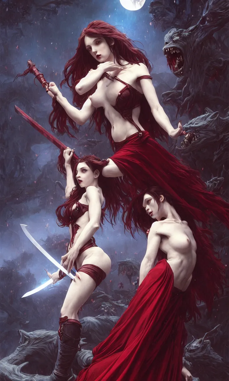 Image similar to full figure, female vampire, pale skin, red cloath, holding a sword wrapped in blue sparkling magic, walking towards the camera, camera pulled back far, detailed illustration, intricate details, surrounded by werewolves, 8 k post processing, scary atmospheric lighting, photoshop, hyper realistic art by artgerm and greg rutkowski and alphonse mucha and lee bermejo