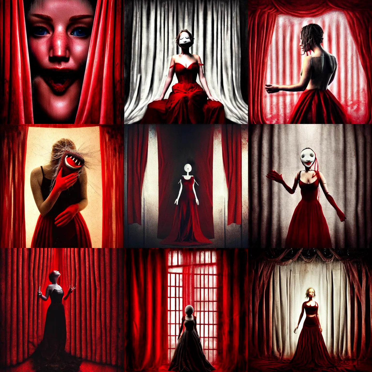 Prompt: mouth sewn shut of a strings puppet as Jennifer Lawrence behind red curtains by Brooke Shaden, medium shot, intricate, dystopian, sci-fi, extremely detailed, digital painting, artstation, concept art, smooth, sharp focus, illustration, intimidating lighting, incredible art, details visible, very dark ambiance