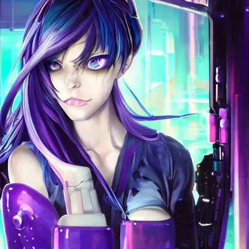 Image similar to A beautiful painting of a cyberpunk anime girl with purple hair and an a huge robot arm sensual stare, augmentations and cybernetic enhancements neon circuits, by Stanley Artgerm Lau, WLOP, Rossdraws, James Jean, Andrei Riabovitchev, Marc Simonetti, and Sakimichan, trending on artstation, hyperrealist, cinema4D, 8k highly detailed ❤️‍🔥 🔥 💀 🤖 🚀