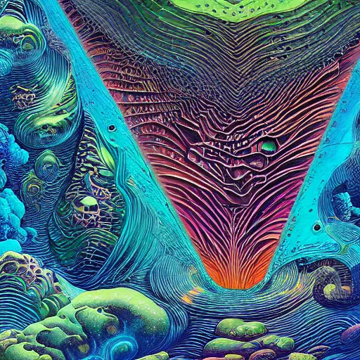 Prompt: geometric volcanoes melting into ocean forest cliffs in space by android jones, alex grey, chris dyer, aaron brooks,