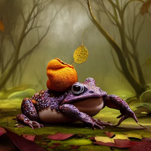 Prompt: soulful long shot of a crazy toad baby hiding under a leaf, by esao andrews, by m. w. kaluta, ultra humorous illustration, small depth of field, perspective perception, volumetric light, psychedelic colors, 3 d octane render, 8 k, conceptart, hyperdetailed, hyperrealistic, trending on artstation