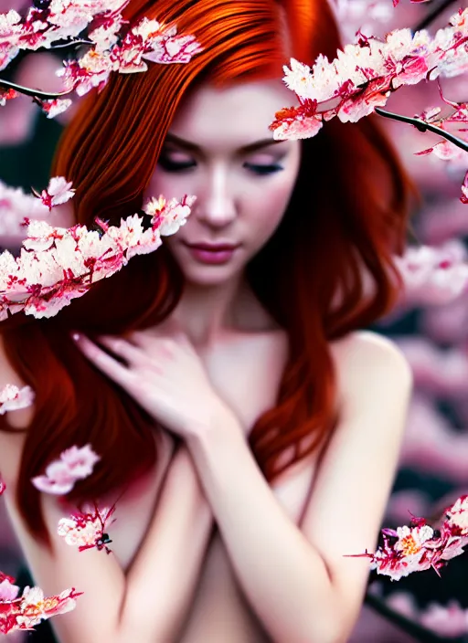 Prompt: photo of a gorgeous female with auburn hair in the style of stefan kostic, realistic, half body shot, sharp focus, 8 k high definition, insanely detailed, intricate, elegant, art by stanley lau and artgerm, extreme blur cherry blossoms background