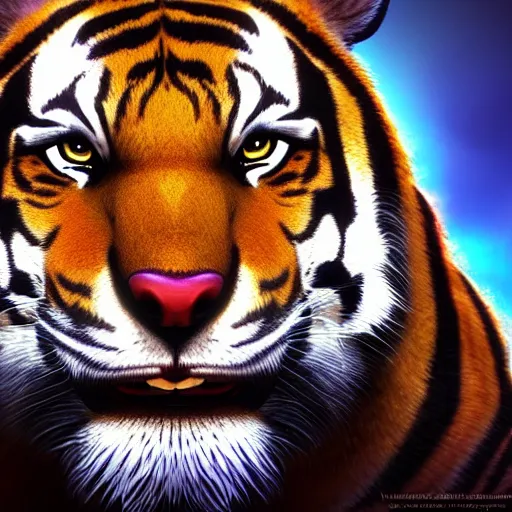 Image similar to portrait of an antropomorphic bengal tiger berserker, wild look, mattepainting concept blizzard pixar maya engine on stylized background splash comics global illumination lighting artstation, sharp focus, norman rockwell